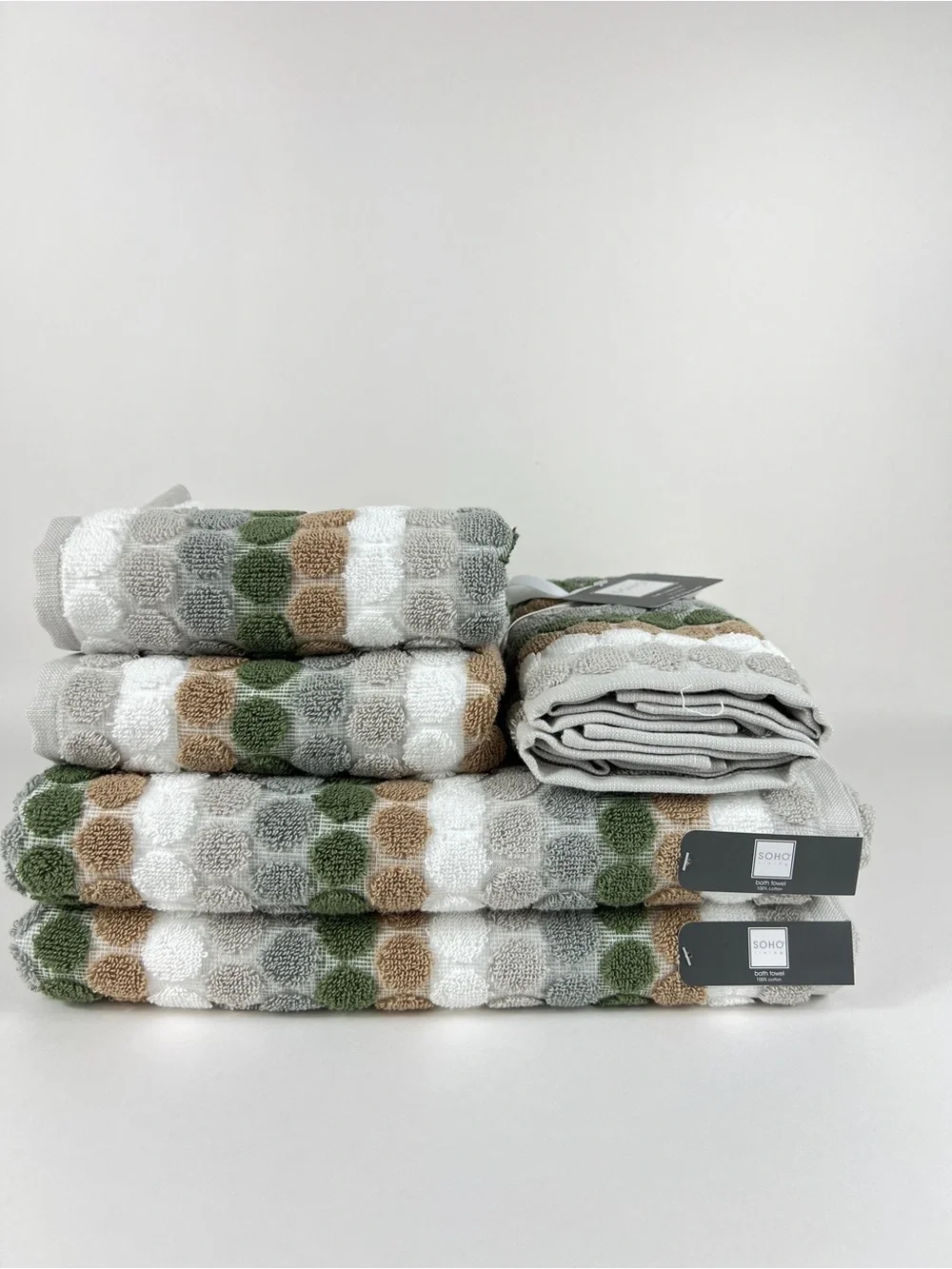 Soho Living Bath Towel Set Dots and Stripes Green Tan White 100% Cotton 6 Pc NEW